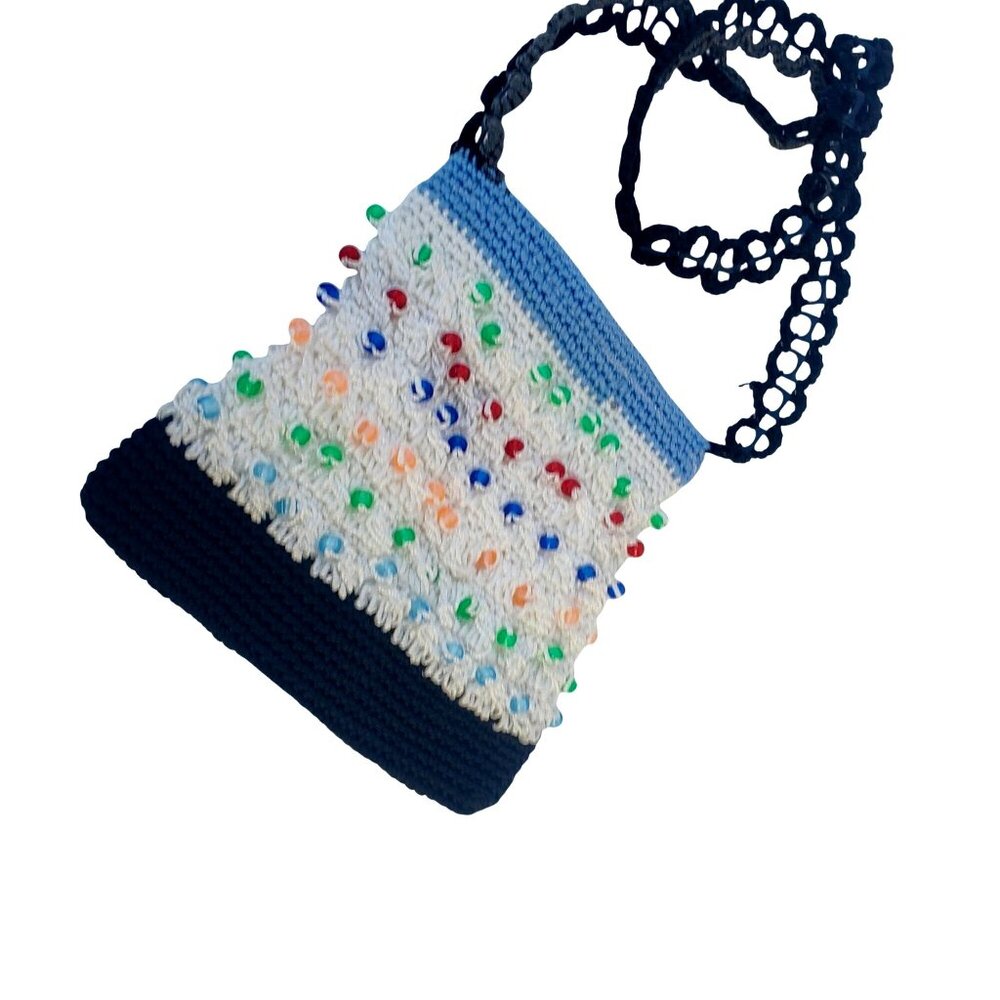 Crocheted Beaded Crossbody Purse Soda Can Beer Tab Strap Black White Blue - Picture 3 of 10